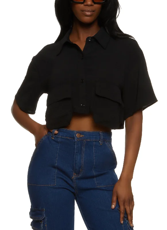 Cropped Flap Pocket Detail Button Front Shirt