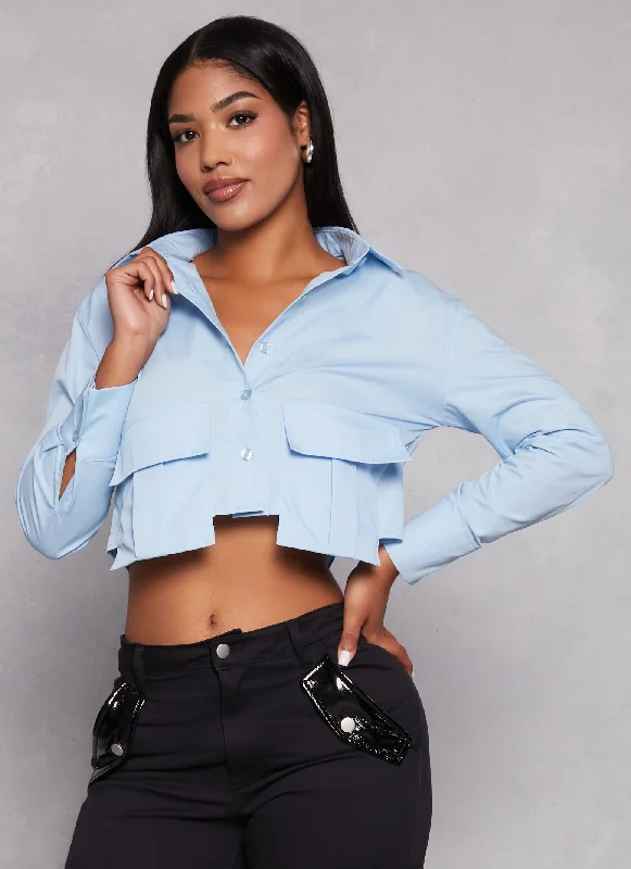 Flap Pocket Long Sleeve Cropped Shirt