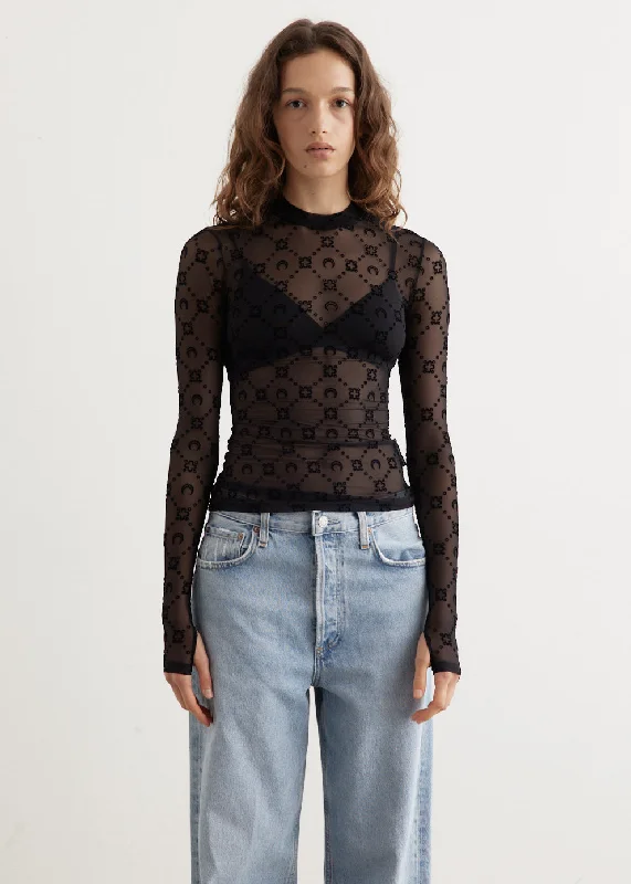 Moonogram Mesh Flock Second Skin Highneck Top