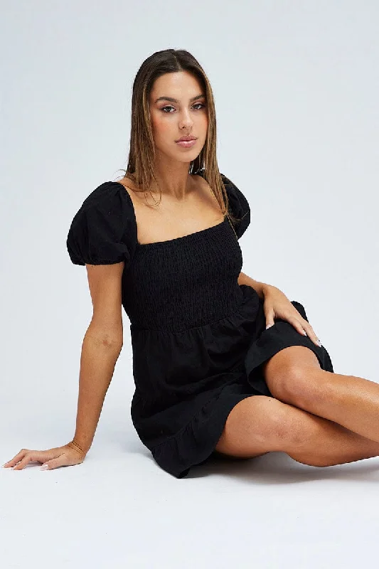 Black Fit and Flare Dress Short Sleeve Shirred