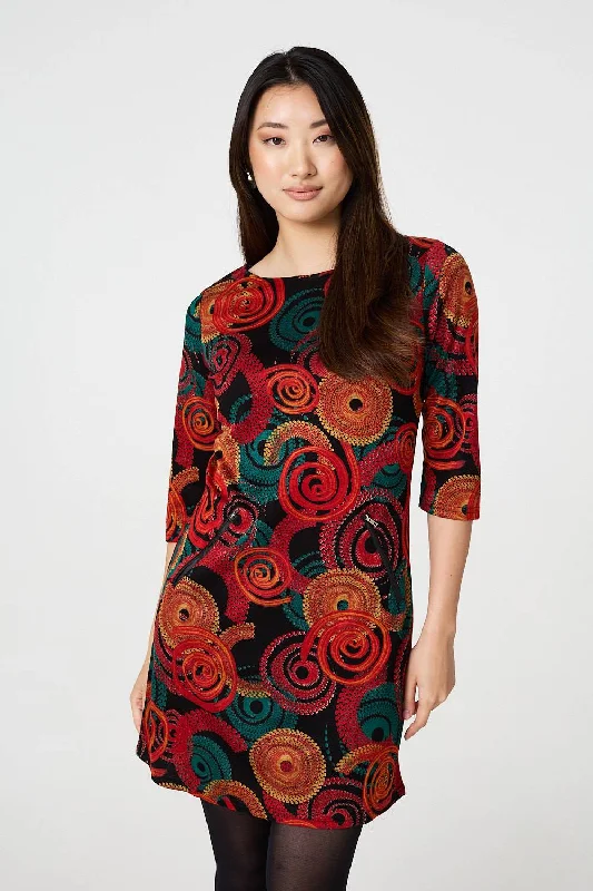 Abstract 3/4 Sleeve Short Shift Dress