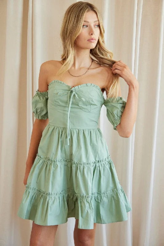 Green Fit And Flare Dress Off Shoulder Short Sleeve