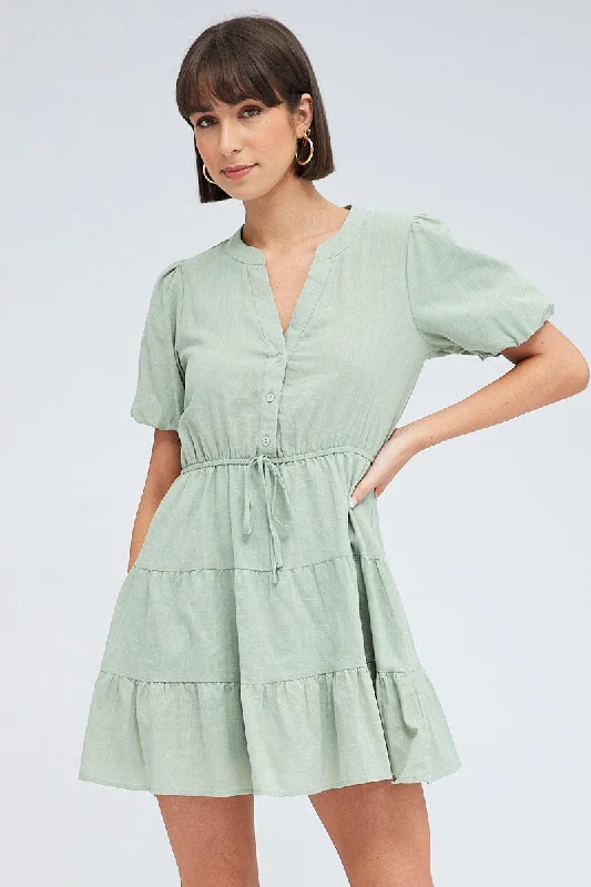 Green Shirt Dress Short Sleeve Tiered