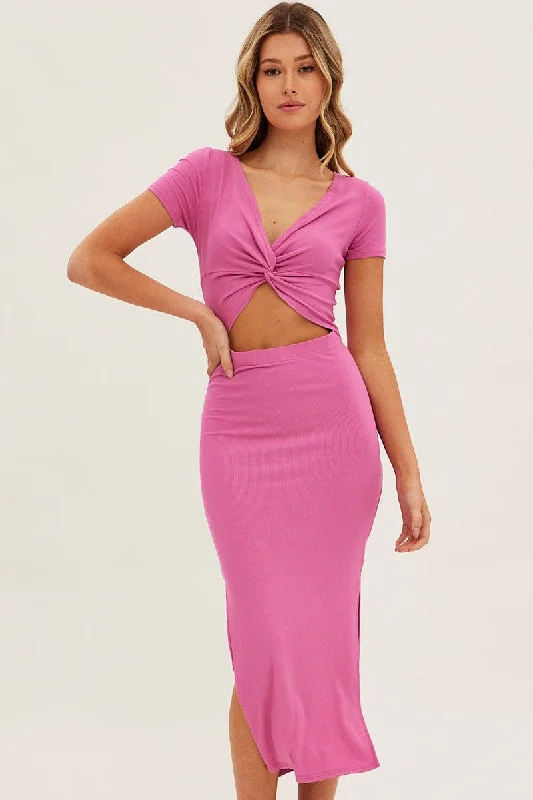 Pink Bodycon Dress Rib Twist Front Cut Out Short Sleeve