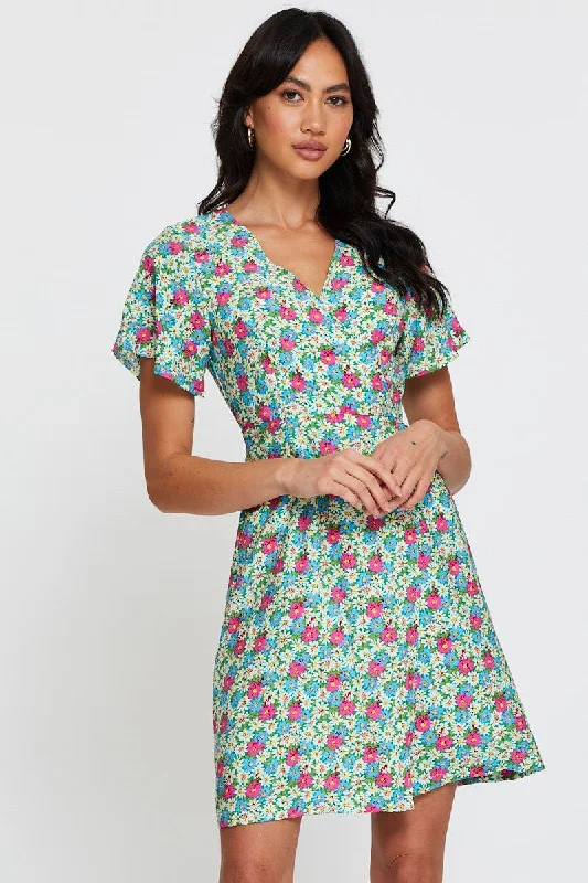 Print Fit And Flare Dress Short Sleeve V Neck