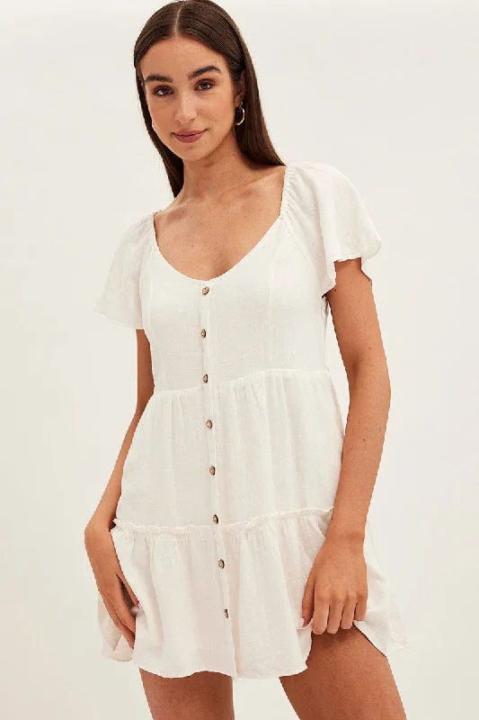 White Dress Square Neck Short Sleeve Tiered Button Front