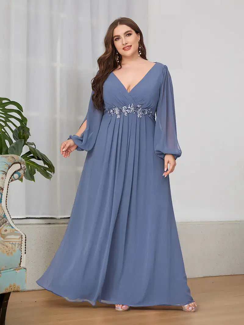 Women's Chiffon 6XL Fashion Designer Puff Sleeve Long Dresses (Plus Size)