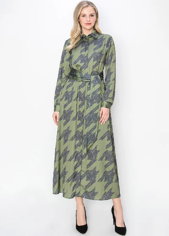 Abstract Olive Long-Sleeve Dress