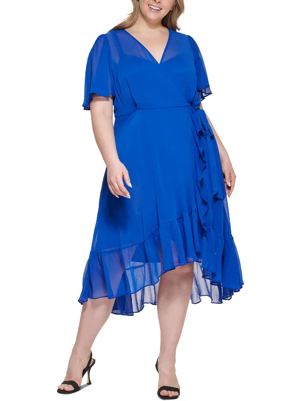 Plus Womens Ruffled Long Wrap Dress