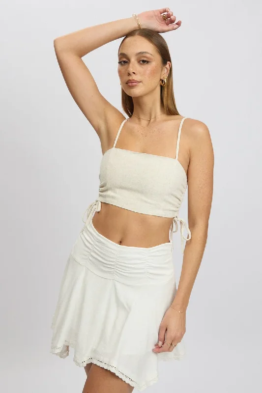 Beige Crop Cami Top Side Ruched Linen Blend