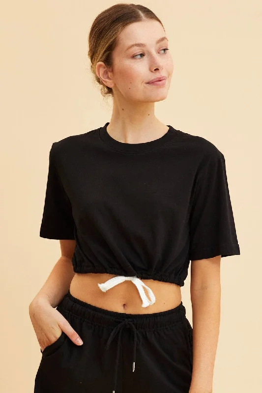 Black Cropped T-Shirt Short Sleeve Drawstring Hem