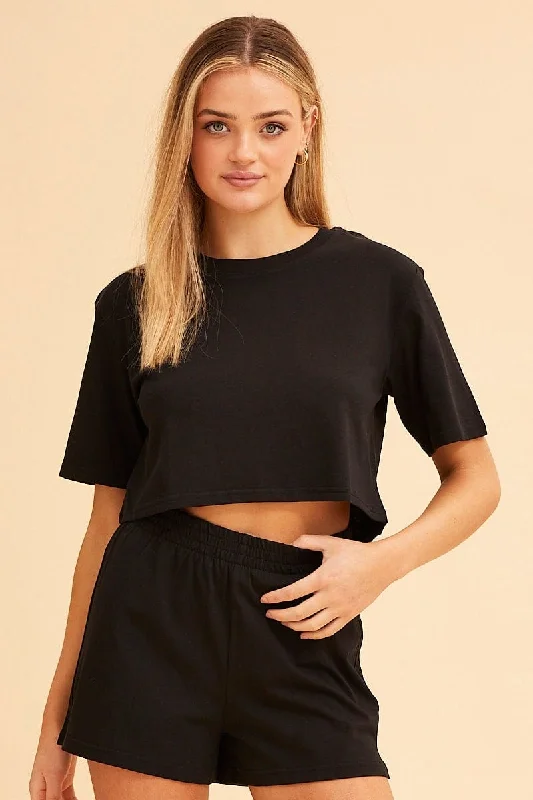 Black Jamie Cotton Jersey Crew Neck Cropped Tee