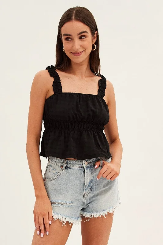 Black Ruffle Top Strap Gathered Waist Crop