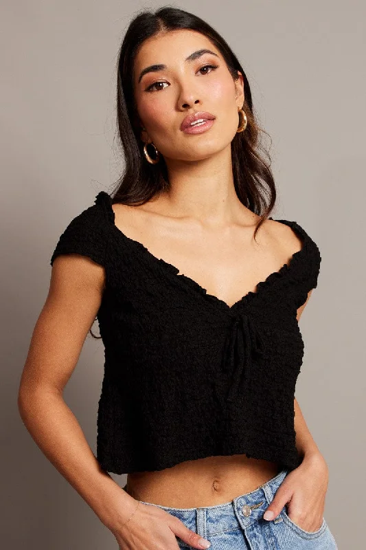 Black Textured Top Crop Short Sleeve