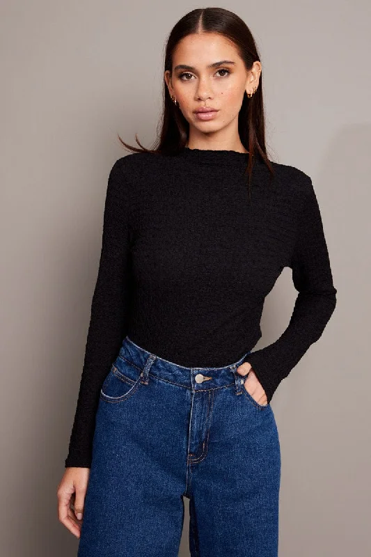 Black Textured Top Long Sleeve High Neck