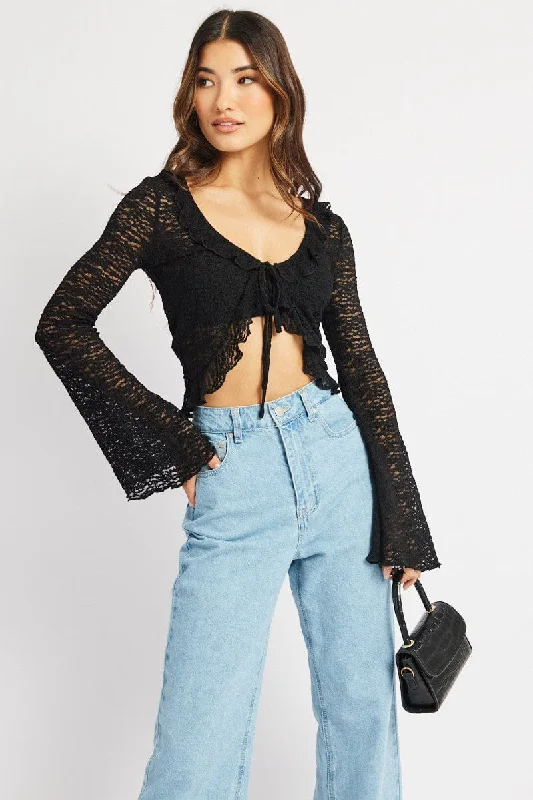 Black Tie Front Frill Top Long Sleeve Lace