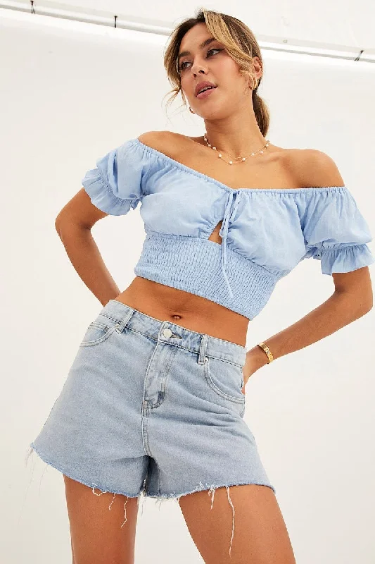 Blue Keyhole Top Short Sleeve Crop Sweetheart Neckline