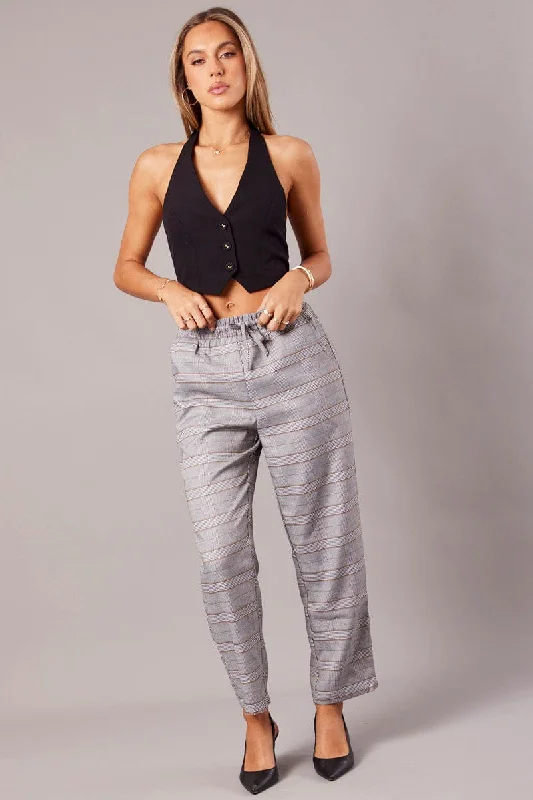 Grey Check Tapered Pants Elasticated Waist Cropped