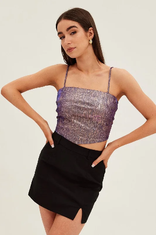 Purple Party Top Sleeveless Crop Scarf Hem Sparkly