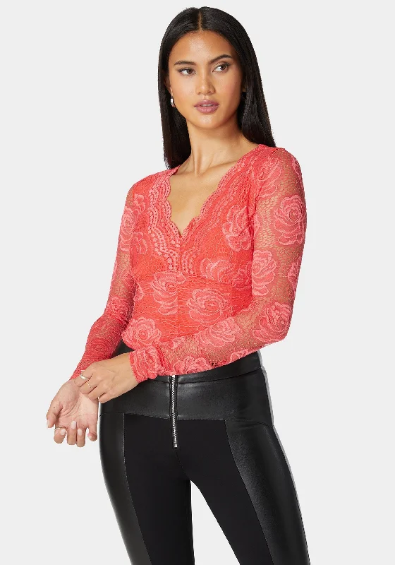 Scallop Edge Long Sleeve Lace Bodysuit