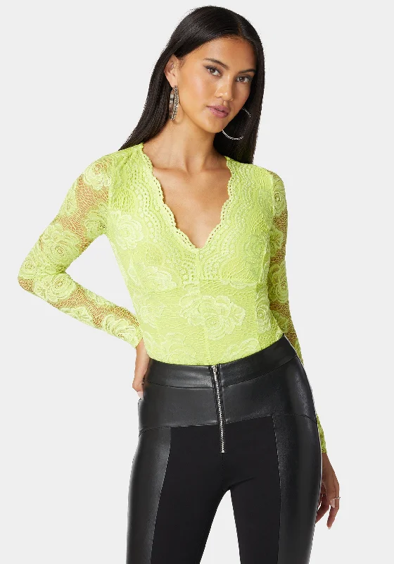 Scallop Edge Long Sleeve Lace Bodysuit