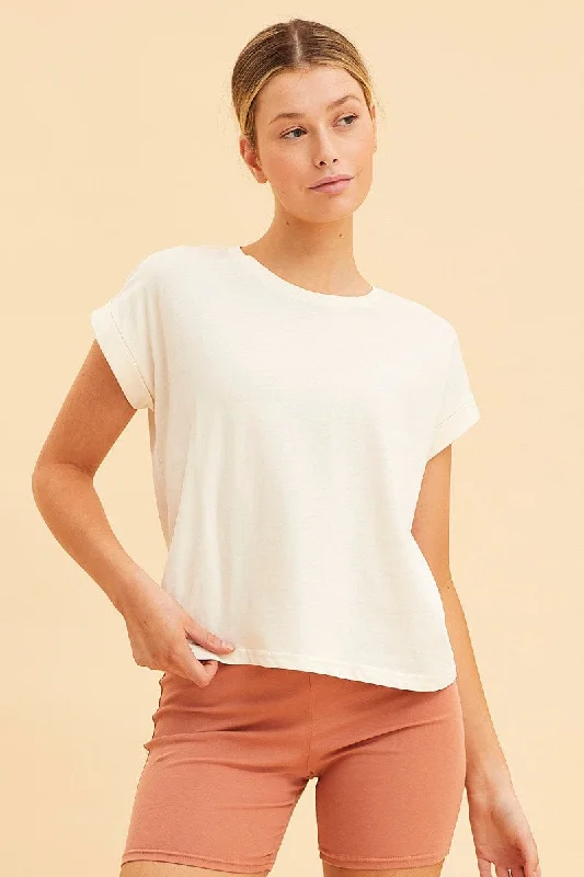 White Cropped T-Shirt Crew Neck Roll Sleeve Cotton